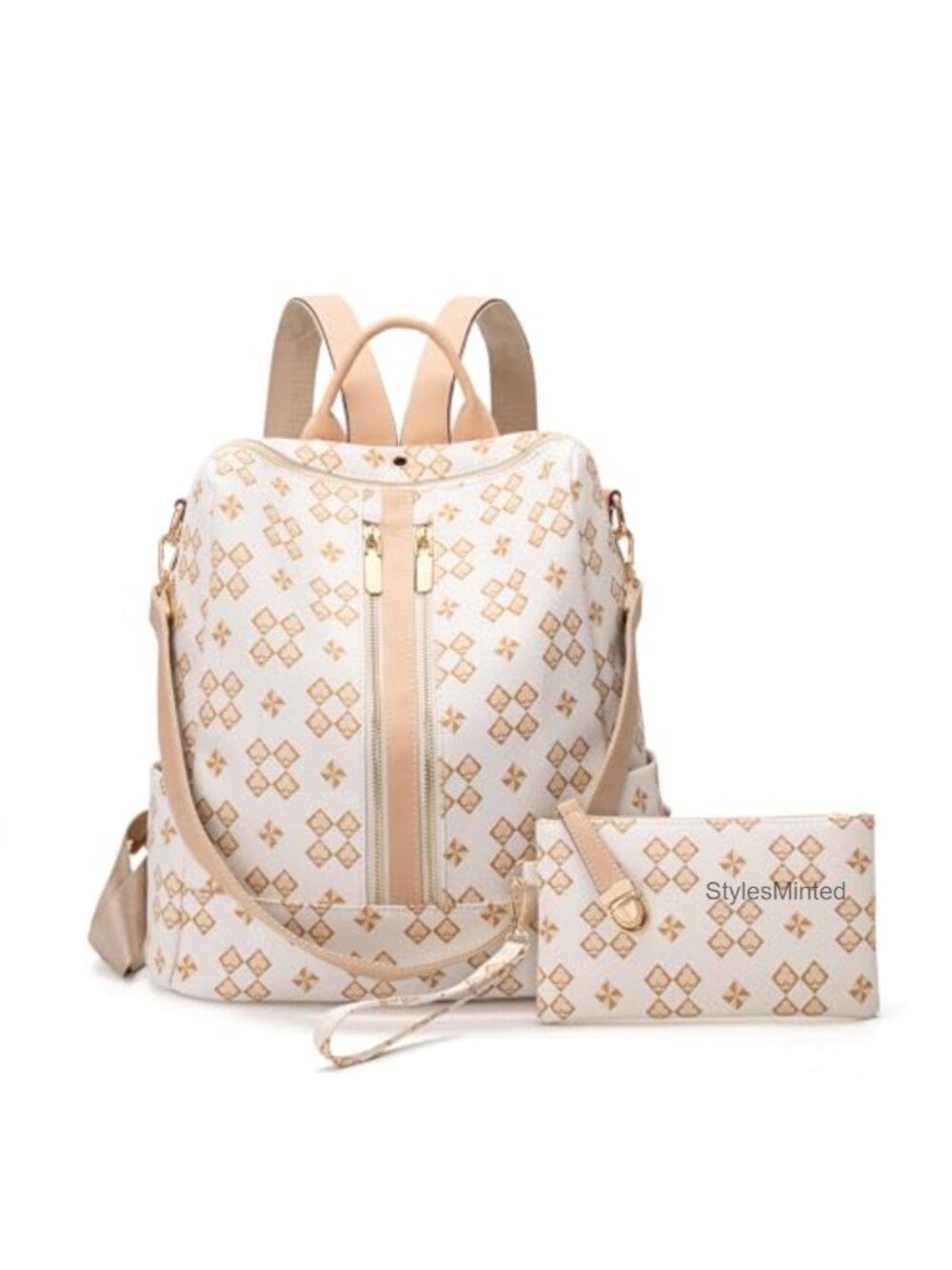 Convertible backpack purse with wristlet wallet faux leather gold hardware